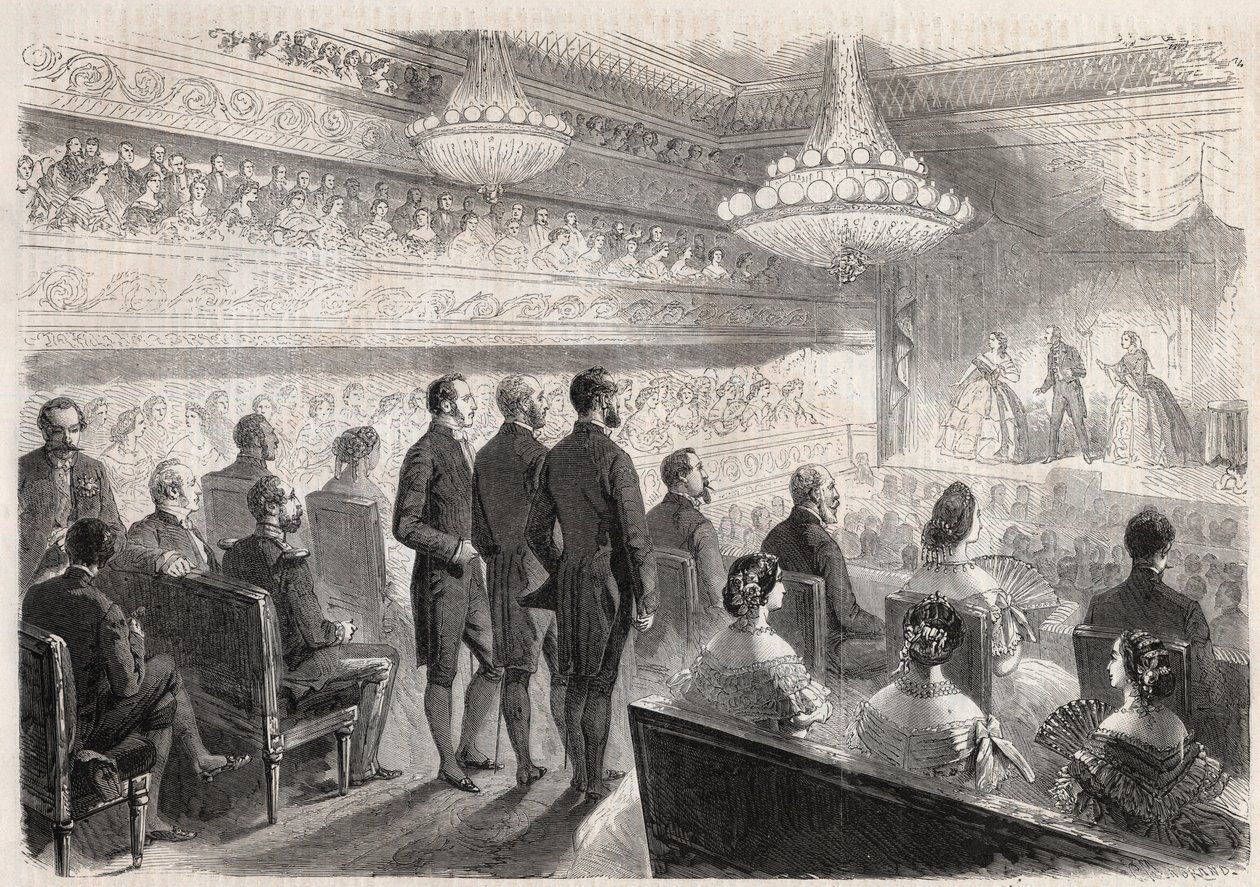 Besøg af Vilhelm I af Preussen (1797-1888) til Compiegne: gallashow i paladsteatret i nærværelse af Napoleon III (1808-1873) - Indgravering i "" Den illustrerende verden" af Unknown artist