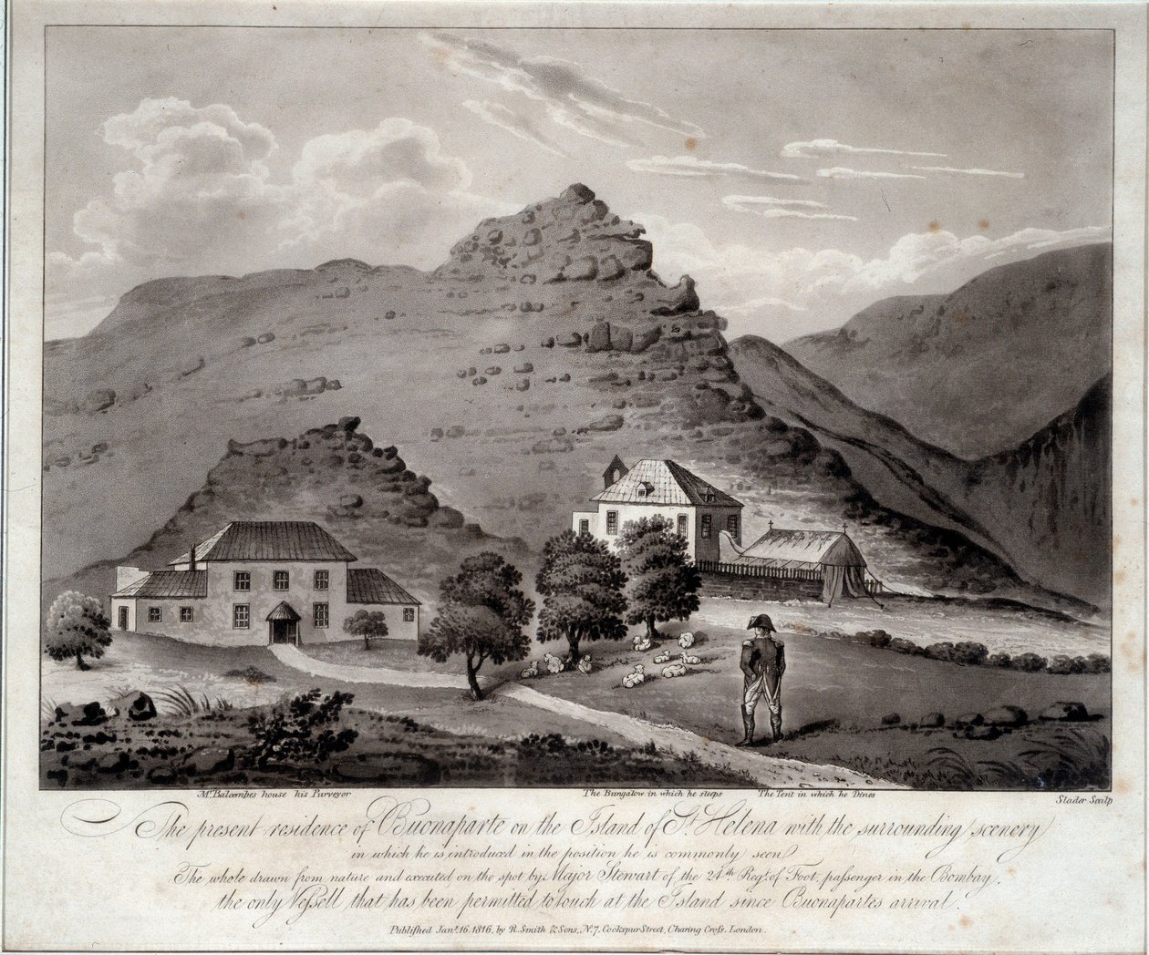 Udsigt over øen Sainte Helene (Ile Sainte-Helene) Indgravering af det 19. århundredes Malmaison. Slotsmuseet af Unknown artist