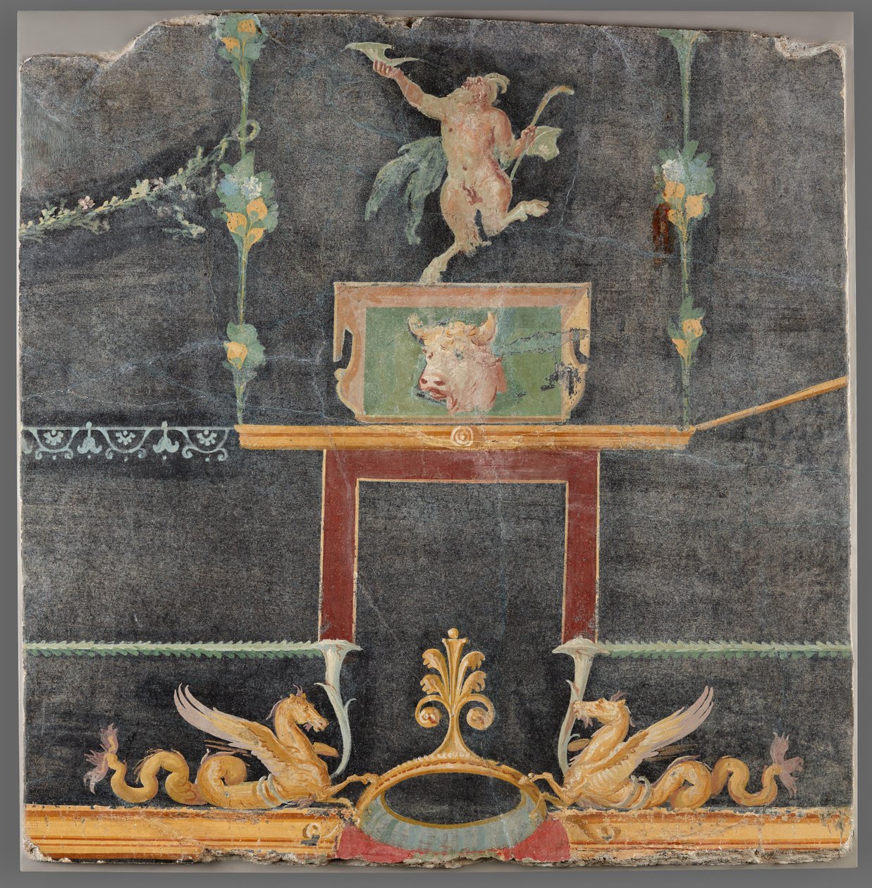 Vægfragment med dansende satyr, flodheste og andre dekorative motiver på sort grund af Unknown artist
