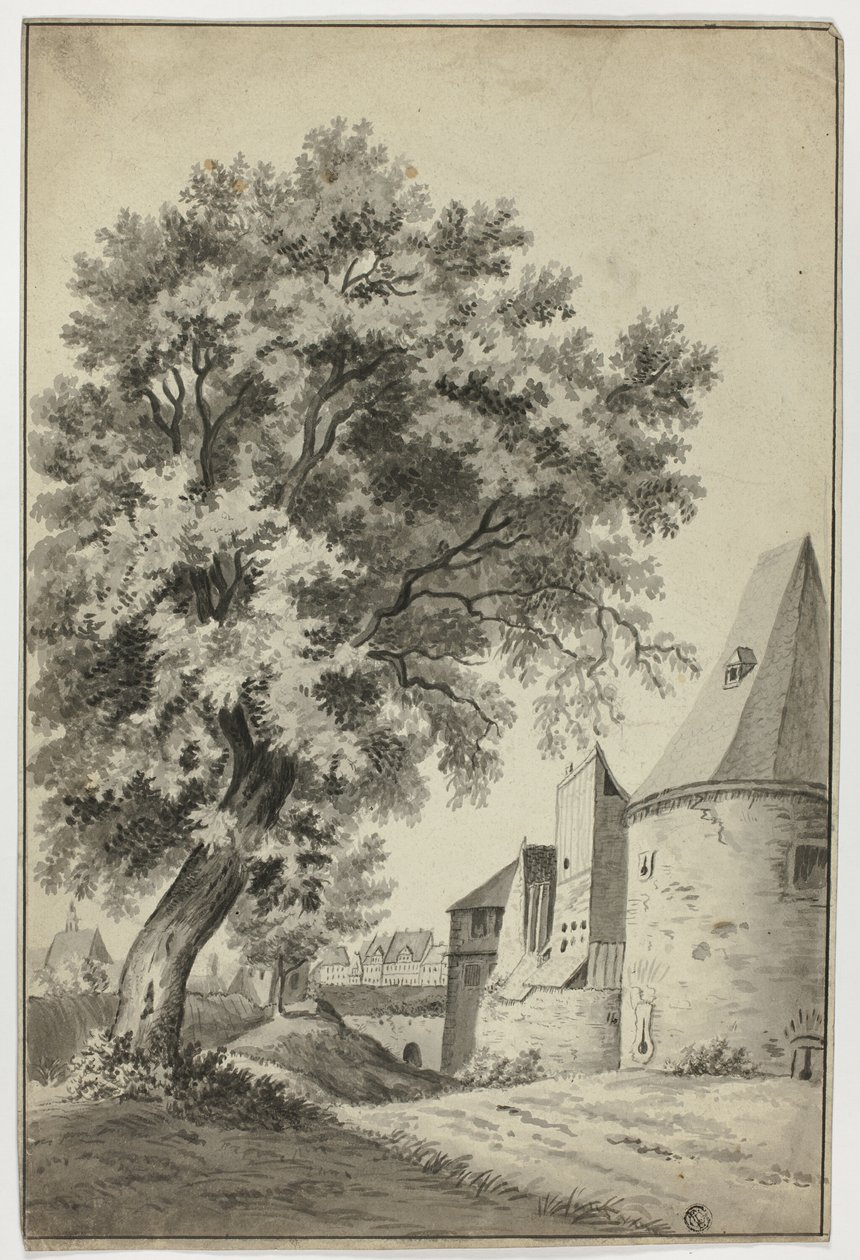 Muromkranset landsby og højt træ af Unknown artist