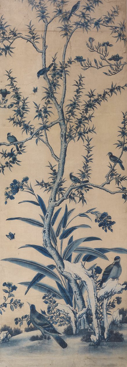 Tapetpanel med fugle og blomstrende træer af Unknown artist
