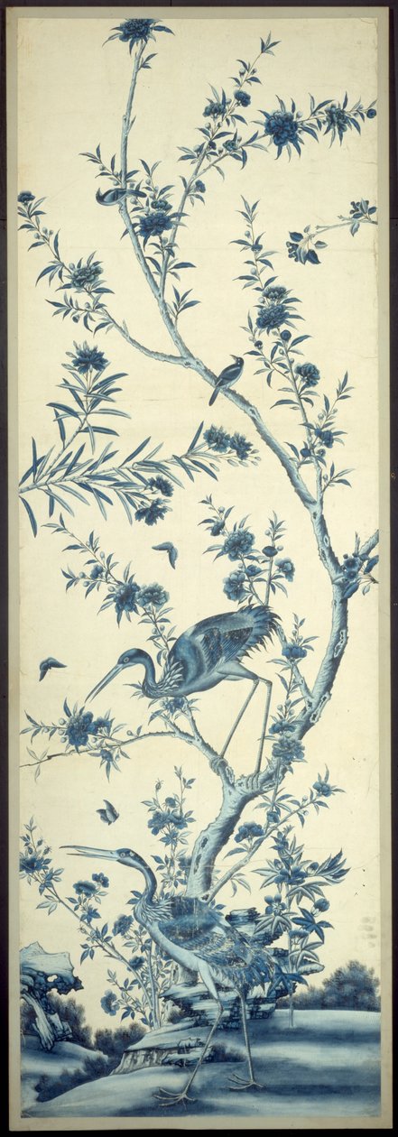 Tapetpanel med fugle og blomstrende træer af Unknown artist