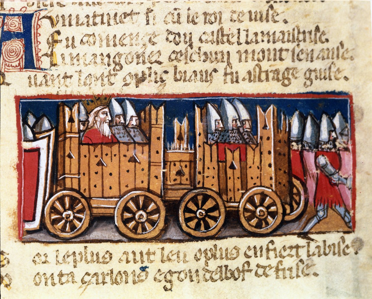 Krigsmaskiner, forløber for våbentanken, brugt af Karl den Store mod maurerne i Spanien - i "Entrance of Spain", manuskript fra det 14. århundrede. Biblioteca Marciana, Venedig. af Unknown artist