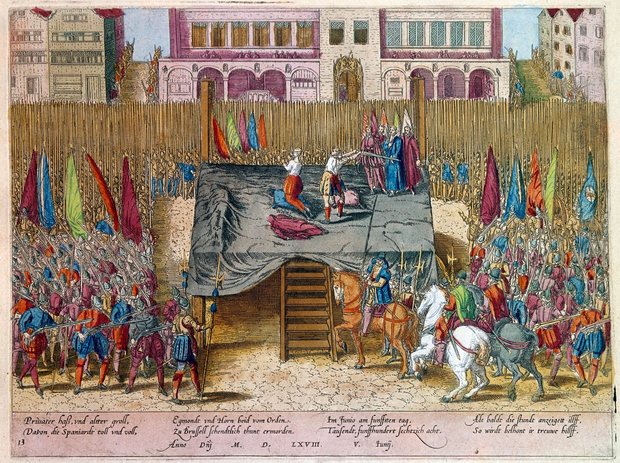 Halvfems års krig: Dekollationen af Lamoral, greve af Egmont, prins af Gavre (1522-1568), hollandsk politiker. Han blev fordømt inden for rammerne af Conseil des troubles (eller blodrådet) oprettet af hertugen af Alba. Gravering. Paris B.N. af Unknown artist