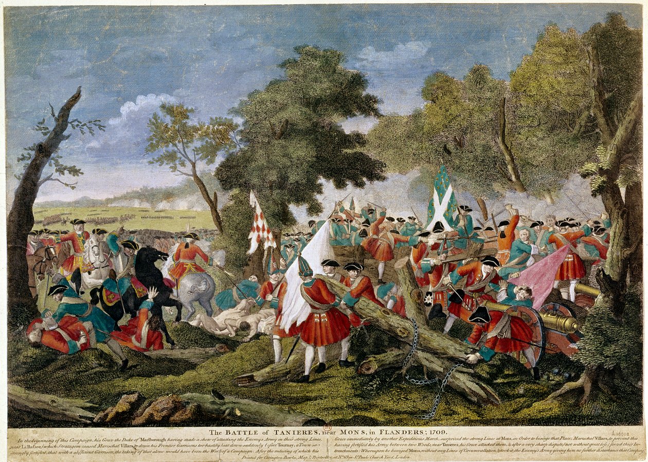 Den spanske arvefølgekrig (1701-1714): syn på slaget ved Malplaquet nær Mons på den fransk-belgiske grænse 11/09/1709 mod franske og spanske tropper til en engelsk, hollandsk og østrigsk koalition - Aftryk af 1709 - BN Paris af Unknown artist