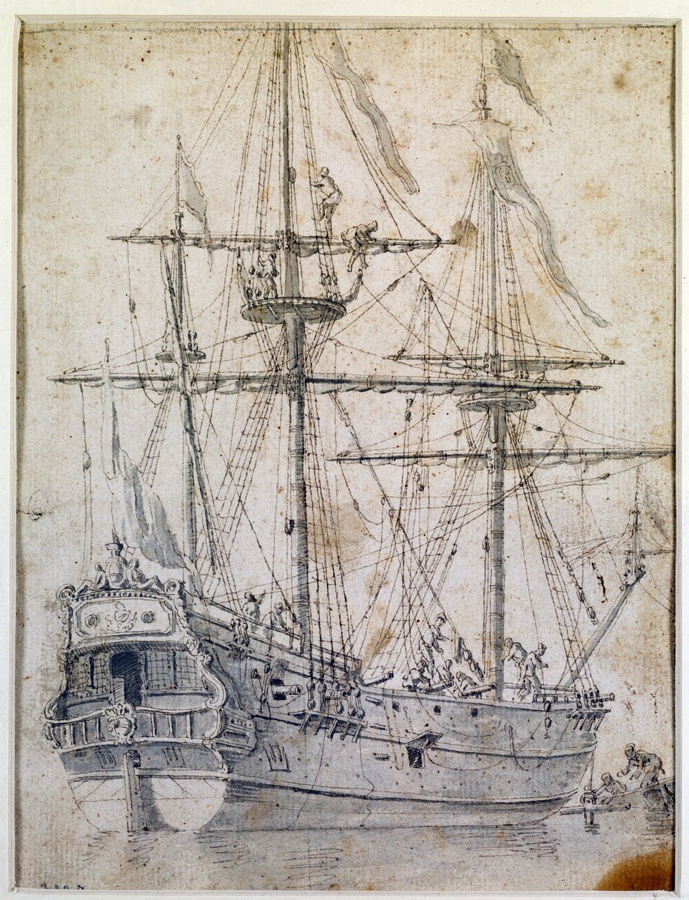 Krigsskib: 1700-tals blækvask Paris, dekorativ kunst af Unknown artist