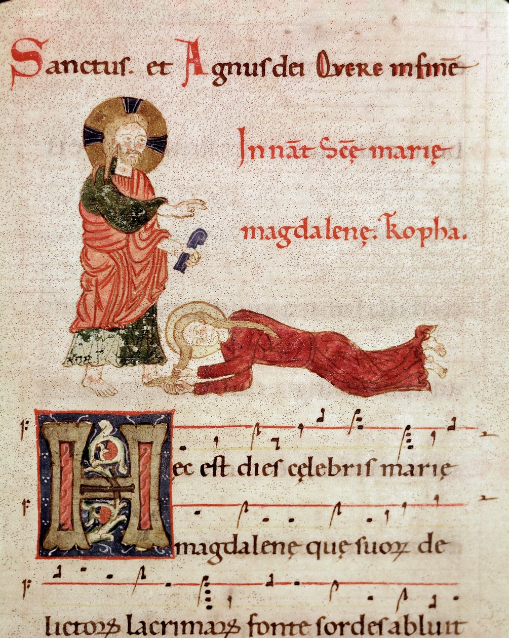 Vask af fødderne: Maria Magdalene læner sig op ad Kristi fødder Miniature fra en gradvis antifonær (tropair) (ms65) Piacenza fra det 12. århundrede, Biblioteca Capitolare af Unknown artist