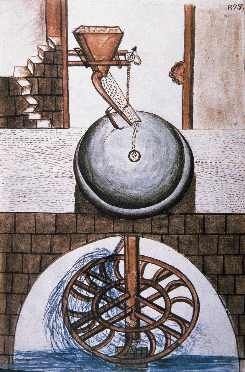 Vandmølle, fra bogen "Trujillo of Peru" eller "Codex Martinez Companion", af Baltazar Martinez Companion og Bujanda, biskop af Trujillo (1782-1785) af Unknown artist