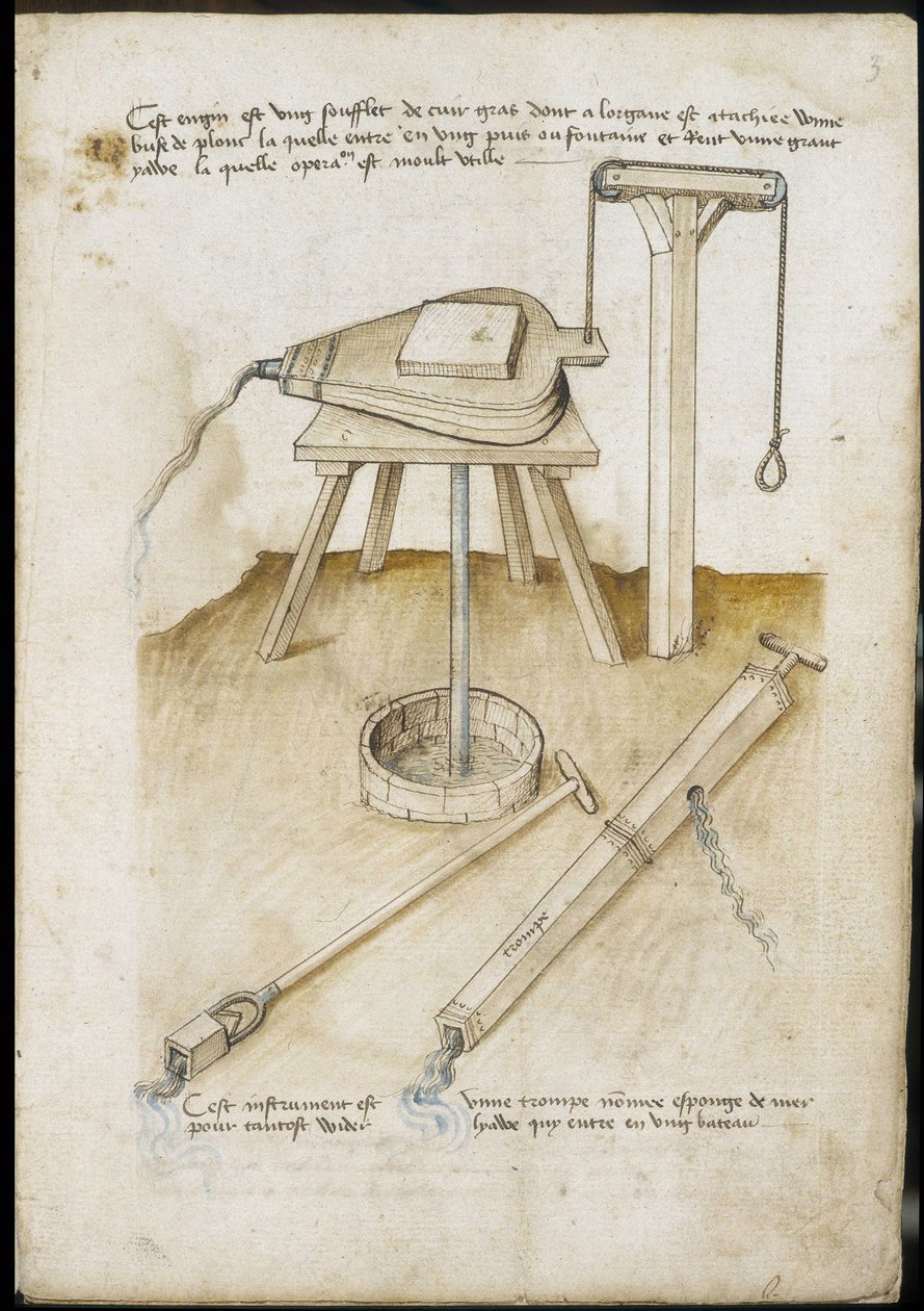 Vandpumpeinstrumenter - Manuskript: pergamentark af en ingeniørmanual til opførelse af civile, religiøse og militære bygninger, anonym, slutningen af det 15. århundrede (figur med kinesisk blæk) af Unknown artist
