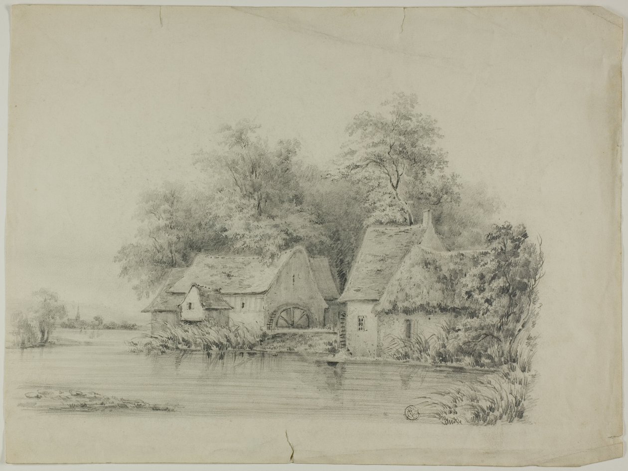 Vandmølle og sommerhus med stråtag af Unknown artist