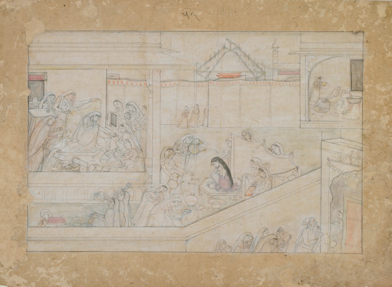 Bryllupsforberedelser: folio fra en Nala-Damayanti-serie af Unknown artist