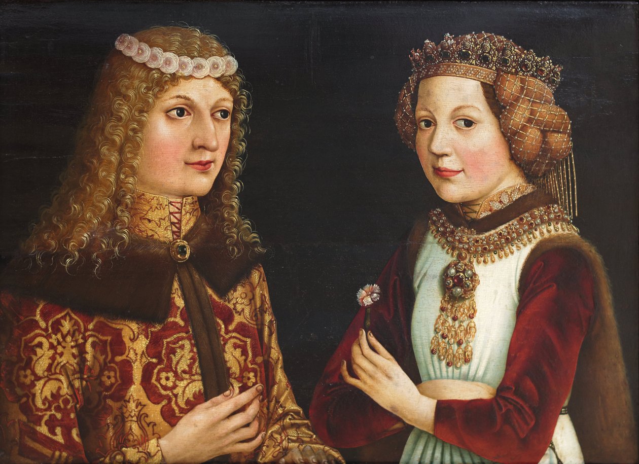 Bryllupsportræt af Ladislaus den Posthume (Ladislas de Habsbourg dit le Posthume) (1440-1457) og Magdalena af Valois (Madeleine de France ou de Valois) (1443-1495) - Anonym - 1457 - Olie på træ - 38,5x52 - Szepmuveszeti Museum, Budapest af Unknown artist