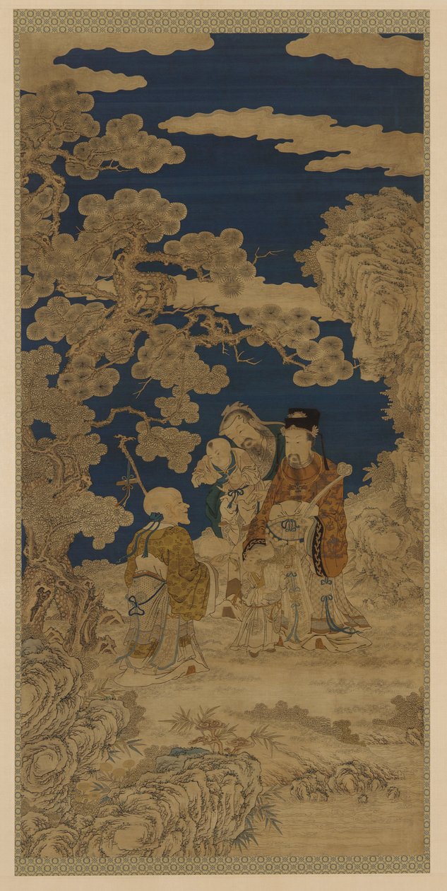 Indslagsvævet gobelin (kesi): Three Star Gods and Joy Personificeret som to børn af Unknown artist