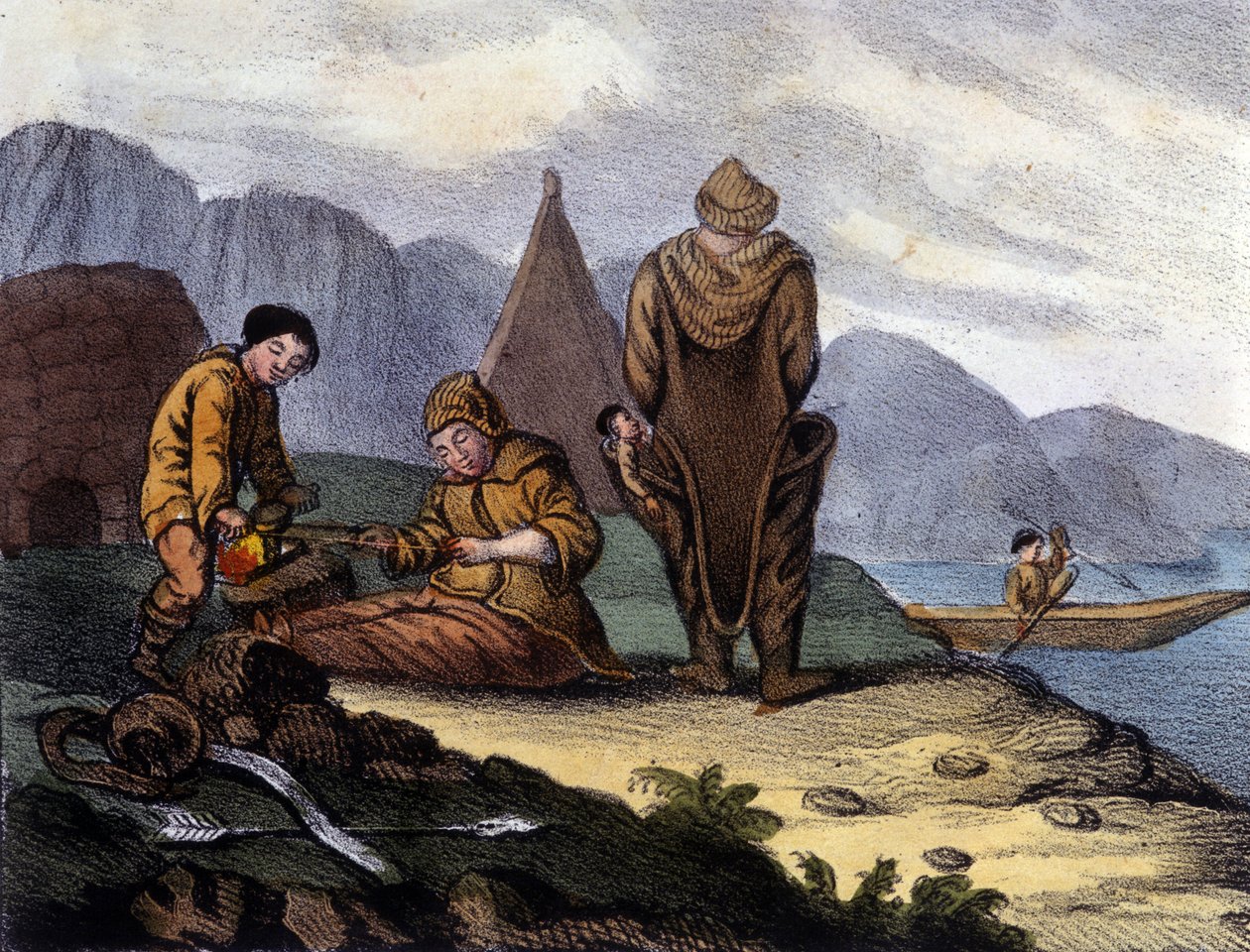 Vestgrønlands kysteskimoer. Litografi i begyndelsen af det 19. århundrede af Unknown artist