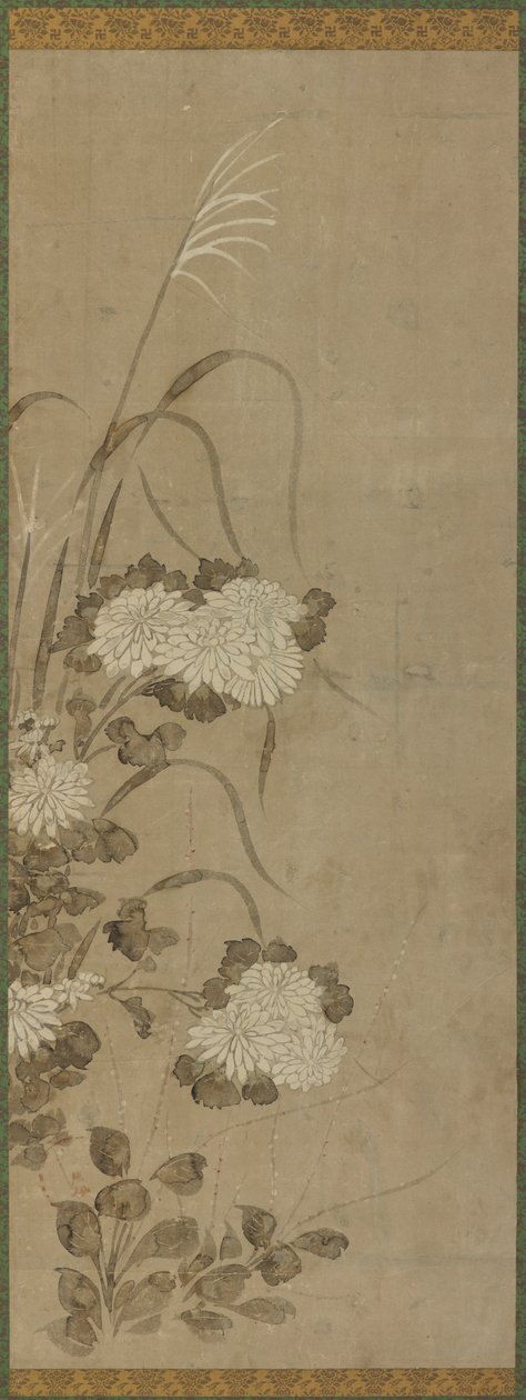 Hvide krysantemum og græsser af Unknown artist