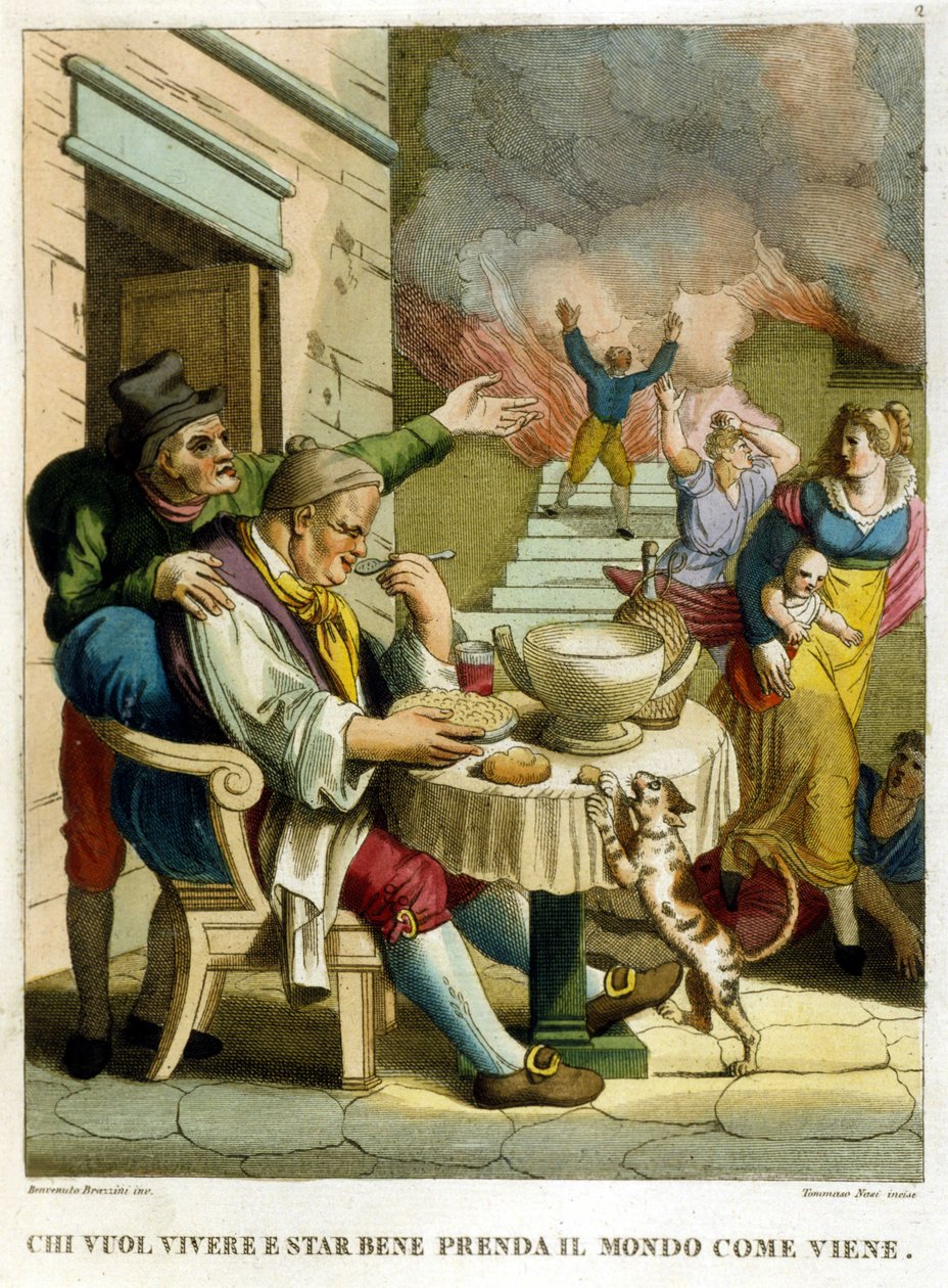 "Den, der vil nyde livet og leve godt, må tage verden, som den kommer." Samling af ordsprog, stik fra slutningen af 1700-tallet af Unknown artist