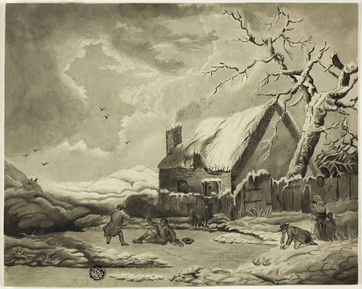 Vinterscene med mennesker uden for et sommerhus nær en dam af Unknown artist