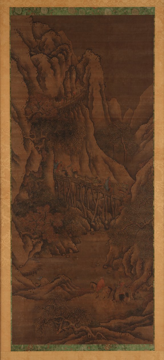Vinterlandskab: bakker og flod; figurer af ridende rejsende af Unknown artist