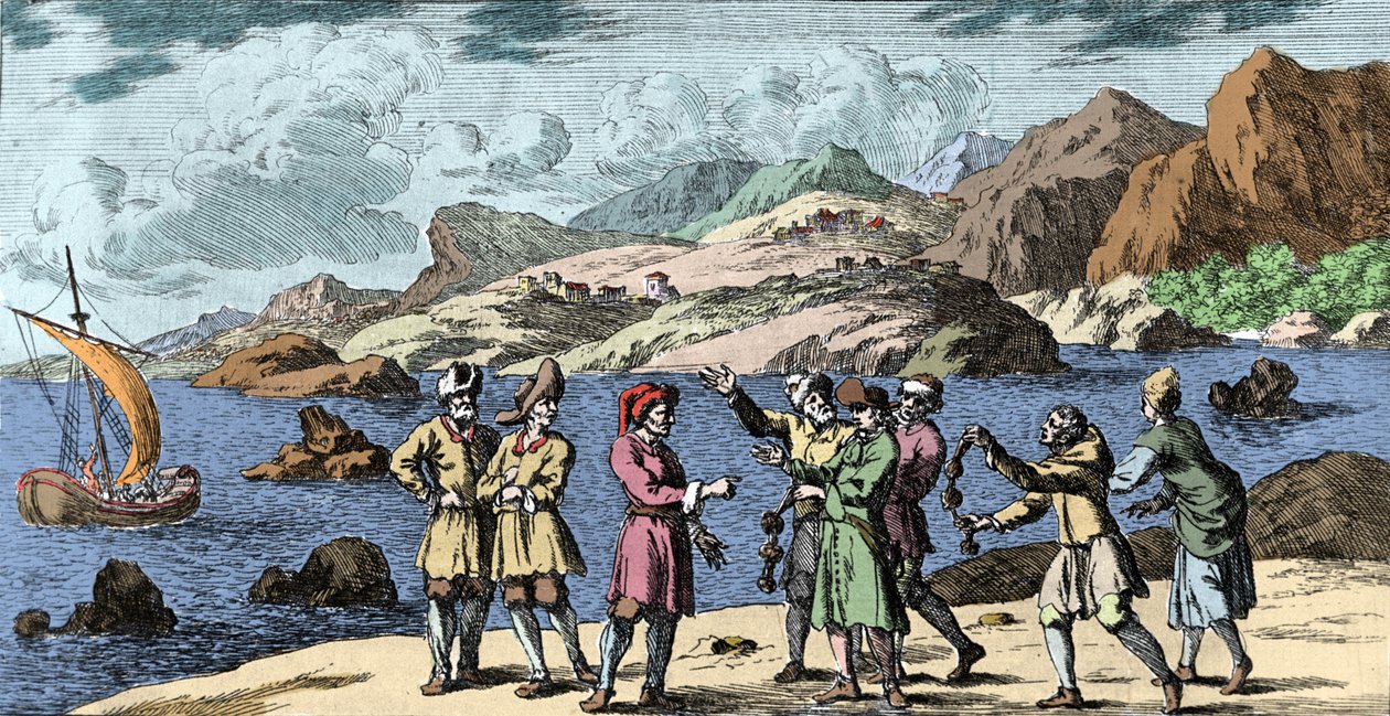 Hekseri og overbevisninger: Finske og samer, der provokerer en storm ved tre knobs magi. Gravering fra "Mundi Mirabilis Oeconomia" af Johann Zahn (1631-1707) af Unknown artist