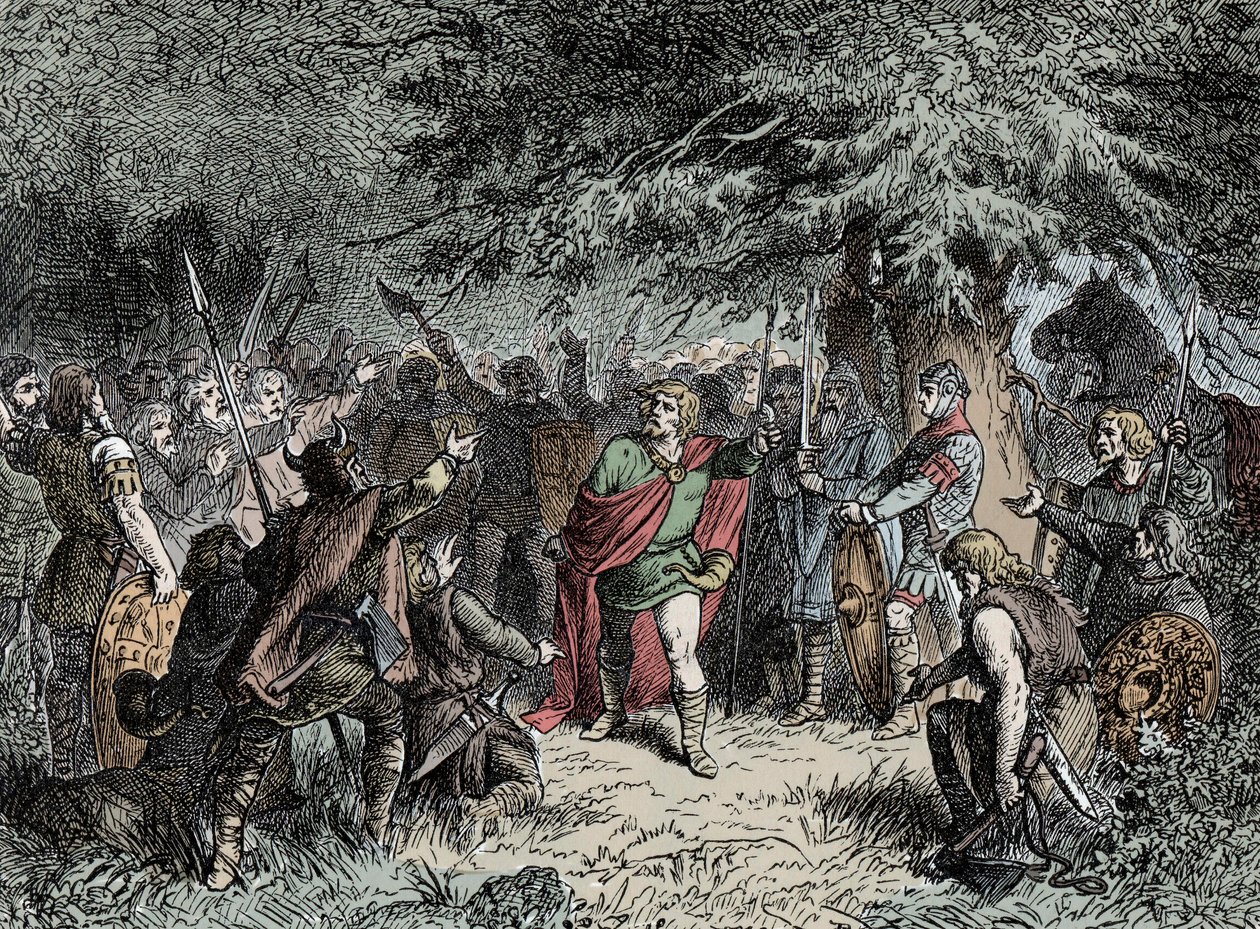 Wittekind kalder sine saksere til våben - Widukind af Sachsen (ca. 750-810) opfordrer sakserne til at hæve deres våben mod Franco-invasionen af Karl den Store i 777 af Unknown artist