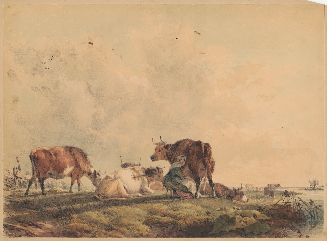 Kvinde malker en ko af Unknown artist
