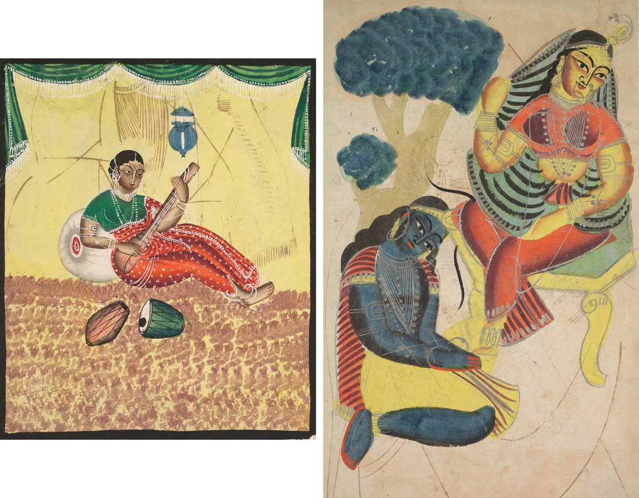 Kvinde spiller musik (rekto); Krishna stryger Radhas fødder (verso) af Unknown artist