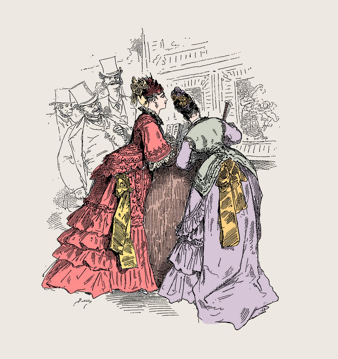Kvinde på et museum: "" Når jeg fortæller dig, at det er en kjole fra Worth, genkender jeg berøringen"" (Charles Frederick Worth 1825-1895) - illustration af Charles Albert d