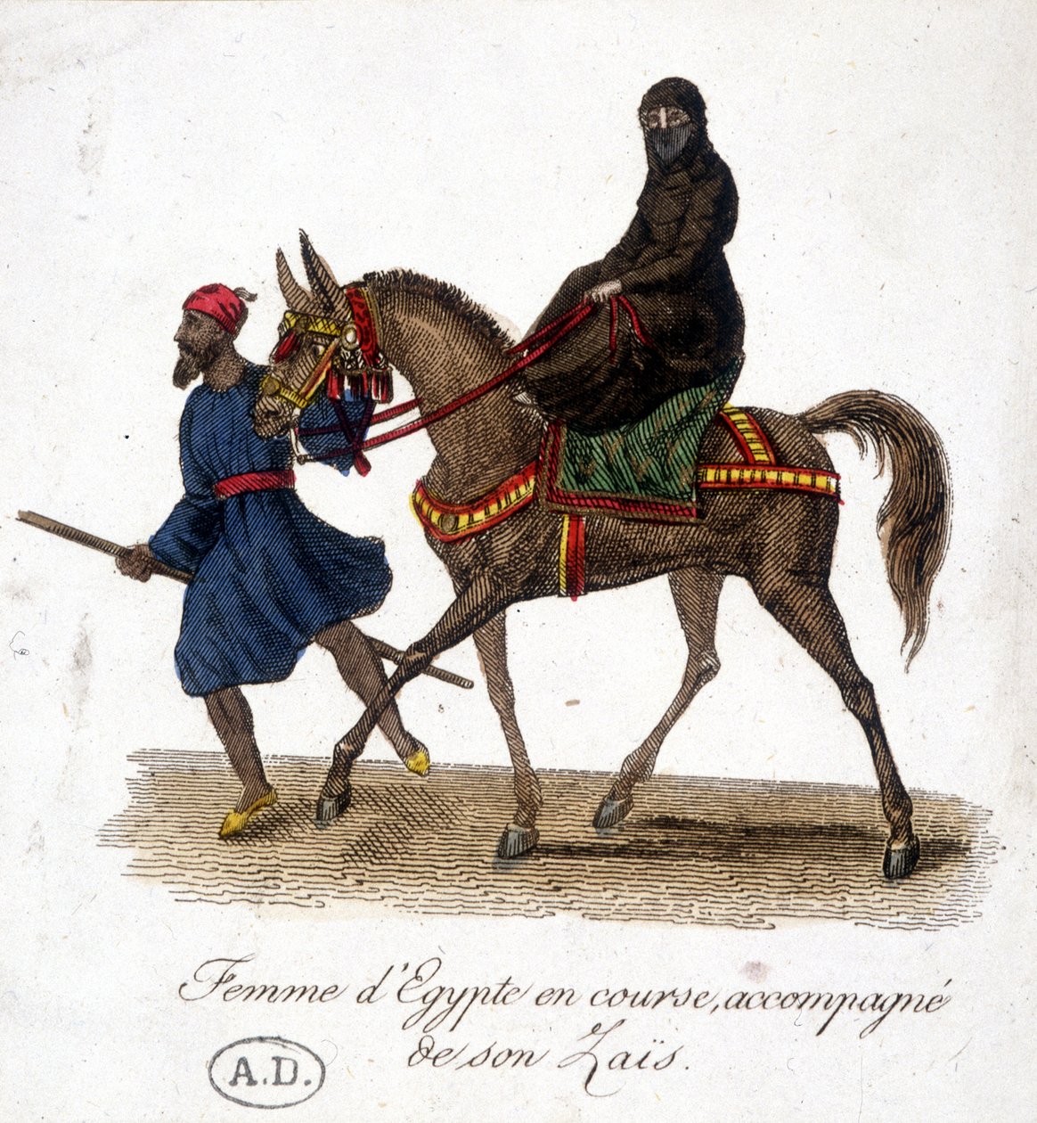 Kvinde af Egypten løber, ledsaget af hendes zaïs - gravering, deb. 19. århundrede af Unknown artist