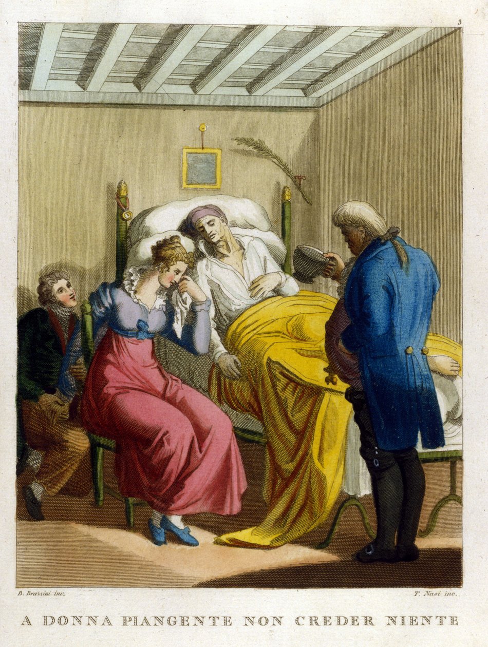 “Kvindes tårer, kilde til ondskab. Se en kvinde græde." 1700-tals gravering, der illustrerer en række ordsprog. af Unknown artist