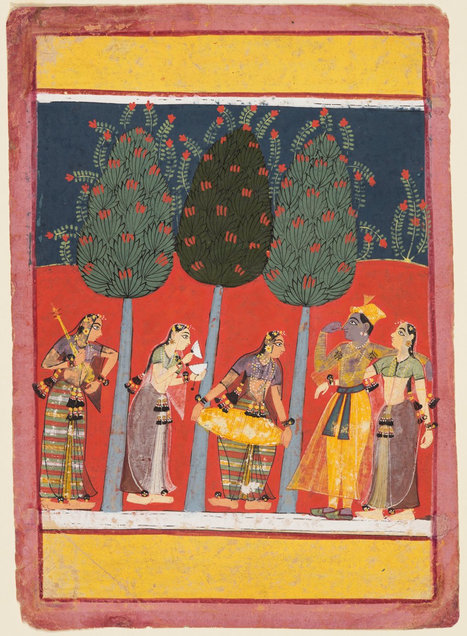 Kvinder spiller musik for Radha og Krishna: Chitrani Nayika, fra en Rasikpriya af Unknown artist