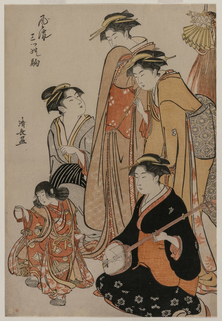 Kvinder ser en pige danse på skaller (fra serien Fashionable Presentations of Three Horses) af Unknown artist