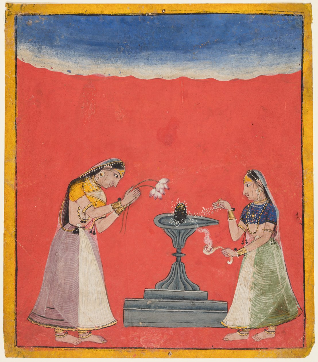 Kvinder, der tilbeder en Shiva Linga: Devagandhari Ragini fra Hindol, fra en Chamba Ragamala af Unknown artist