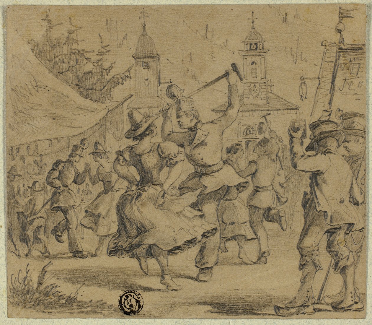 Kvinder og soldater danser på landsbytorvet af Unknown artist