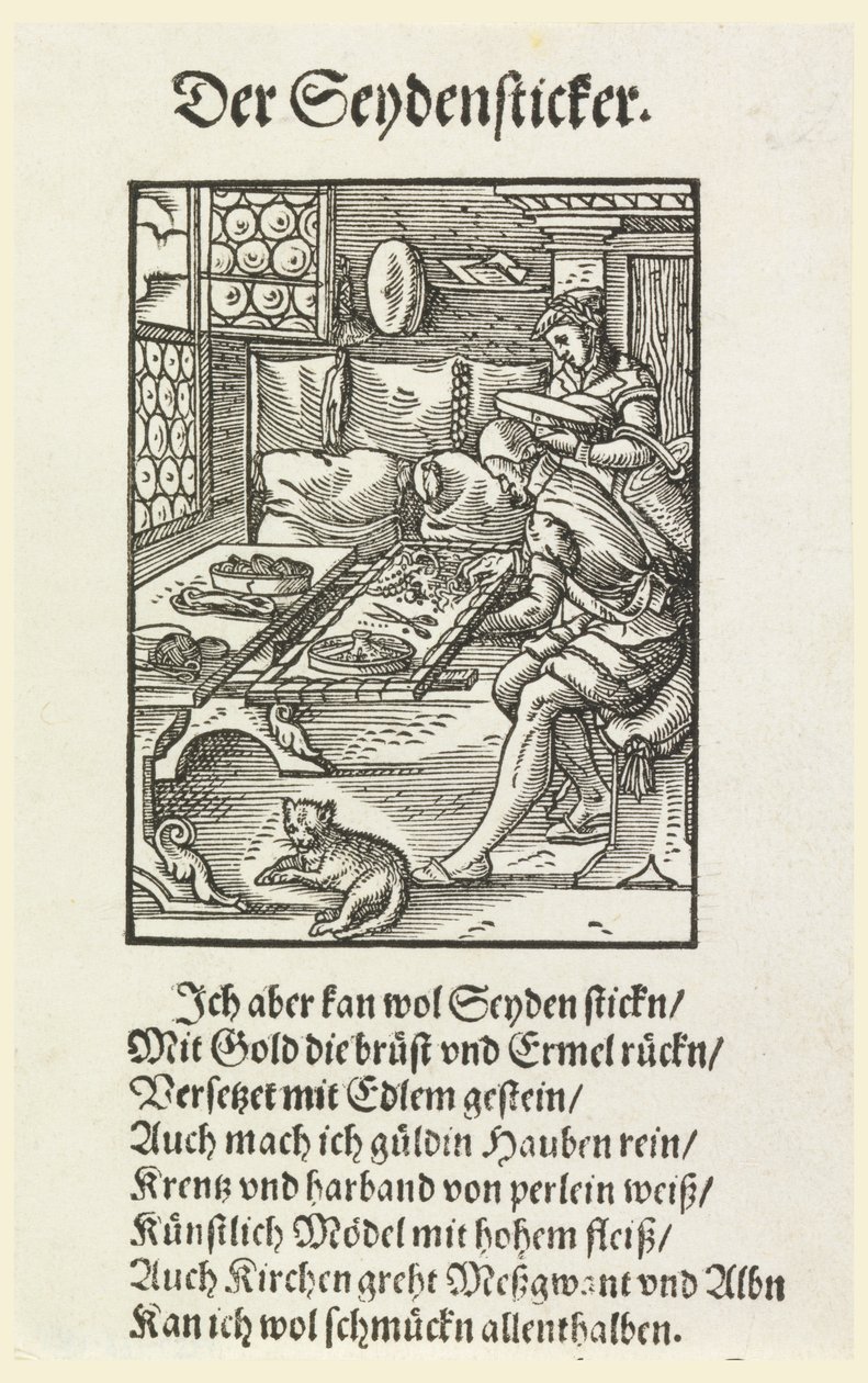 Træsnit (facsimile): En broderer på arbejde af Unknown artist