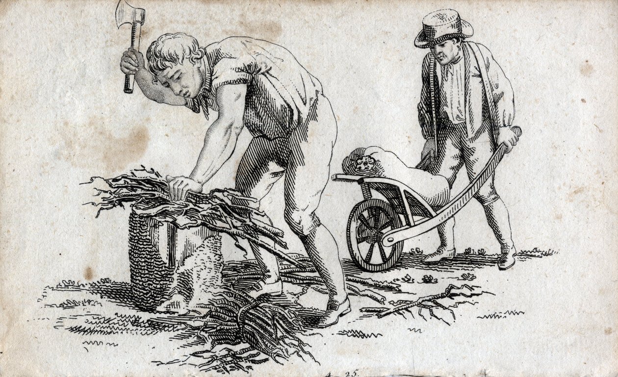 Skovmænd laver bundter af træ og mand, der bærer bundter på en trillebør. Slutgravering af 1700-tallet. Privat samling. af Unknown artist