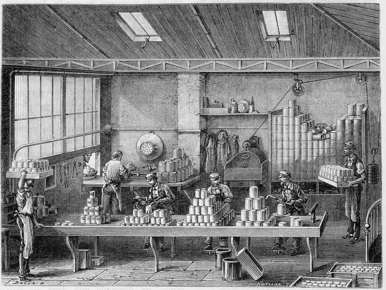 Værksted for påfyldning og lodning af dåser - i "" Industriens vidundere"" af Louis Figuier af Unknown artist