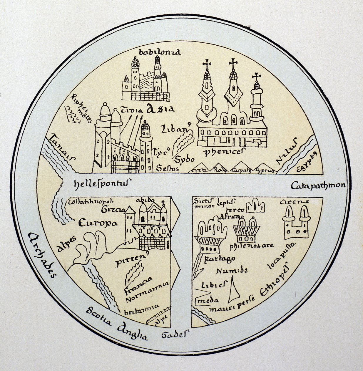 Verdenskort fra et Leipzig-manuskript fra det 11. århundrede af Unknown artist