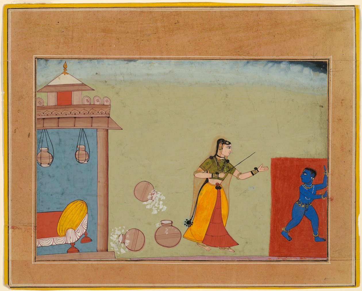 Yashoda tugter sin plejesøn, den unge Krishna, side fra et manuskript af Bhagavata Purana af Unknown artist