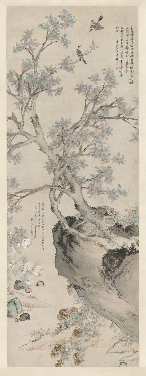 Gule krysantemum og rød osmanthus i stil med Wang Yuan af Unknown artist