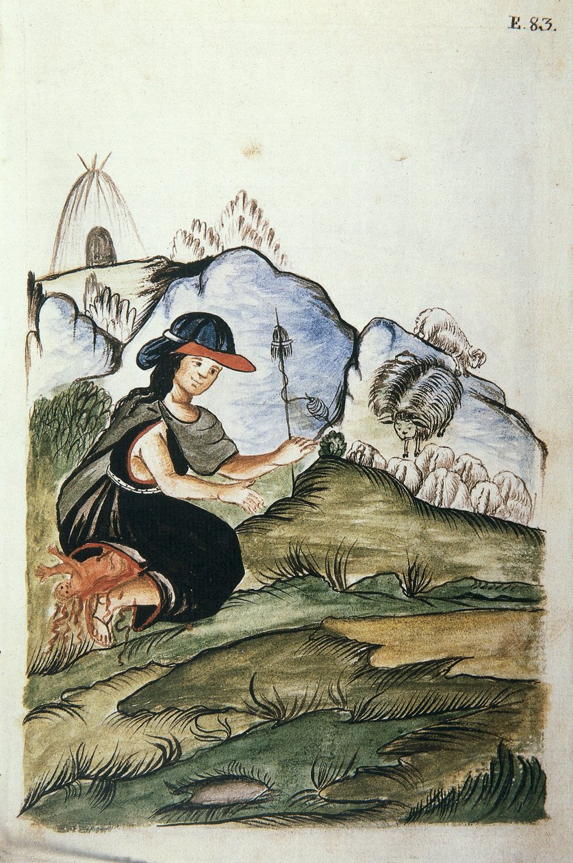 Ung indisk hyrdinde kvinde, der føder i naturen, fra bogen "Trujillo del Peru" eller "Códice Martínez Compañón", af Baltazar Martinez Compañón y Bujanda, biskop af Trujillo (1782-1785) af Unknown artist