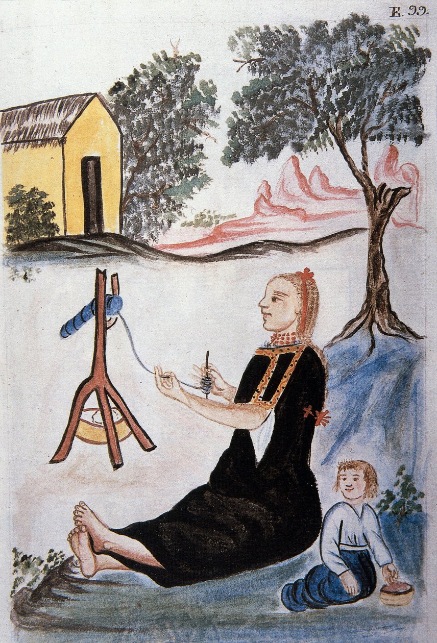 Ung indisk kvinde, der spinder uld, fra bogen "Trujillo del Peru" eller "Códice Martínez Compañón", af Baltazar Martinez Compañón y Bujanda, biskop af Trujillo (1782-1785) af Unknown artist