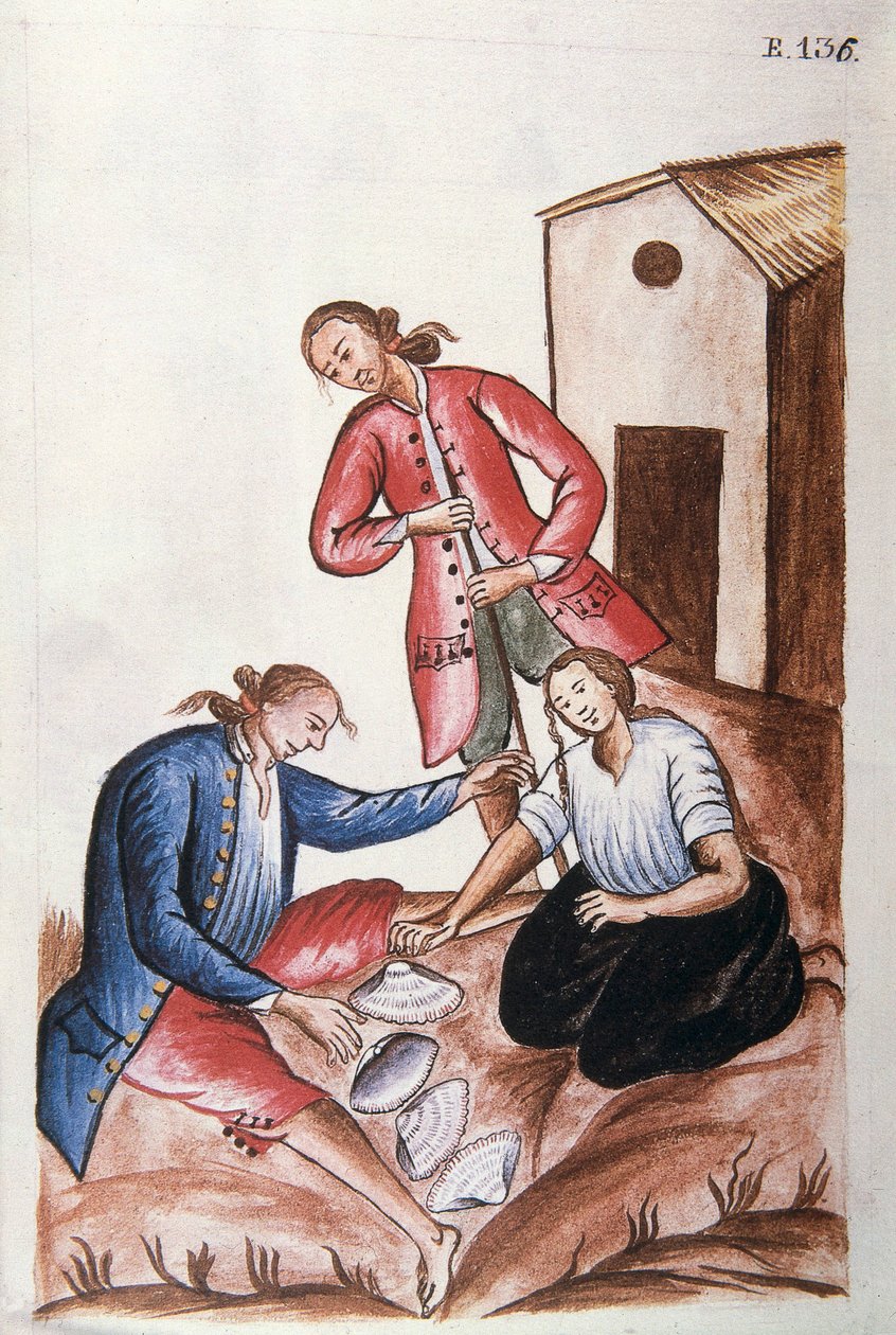 Unge indianere, der spiller skaller, fra bogen "Trujillo del Peru" eller "Códice Martínez Compañón", af Baltazar Martinez Compañón y Bujanda, biskop af Trujillo (1782-1785) af Unknown artist