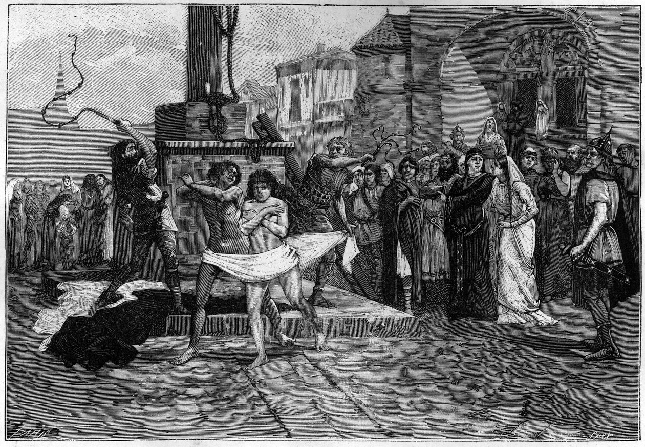 en mand og en kvinde ægteskabsbrydere bliver pisket på den offentlige plads i en landsby i Frankrig i middelalderen. Gravering af det 19. århundrede, der illustrerer franskmændenes moral. af Unknown artist