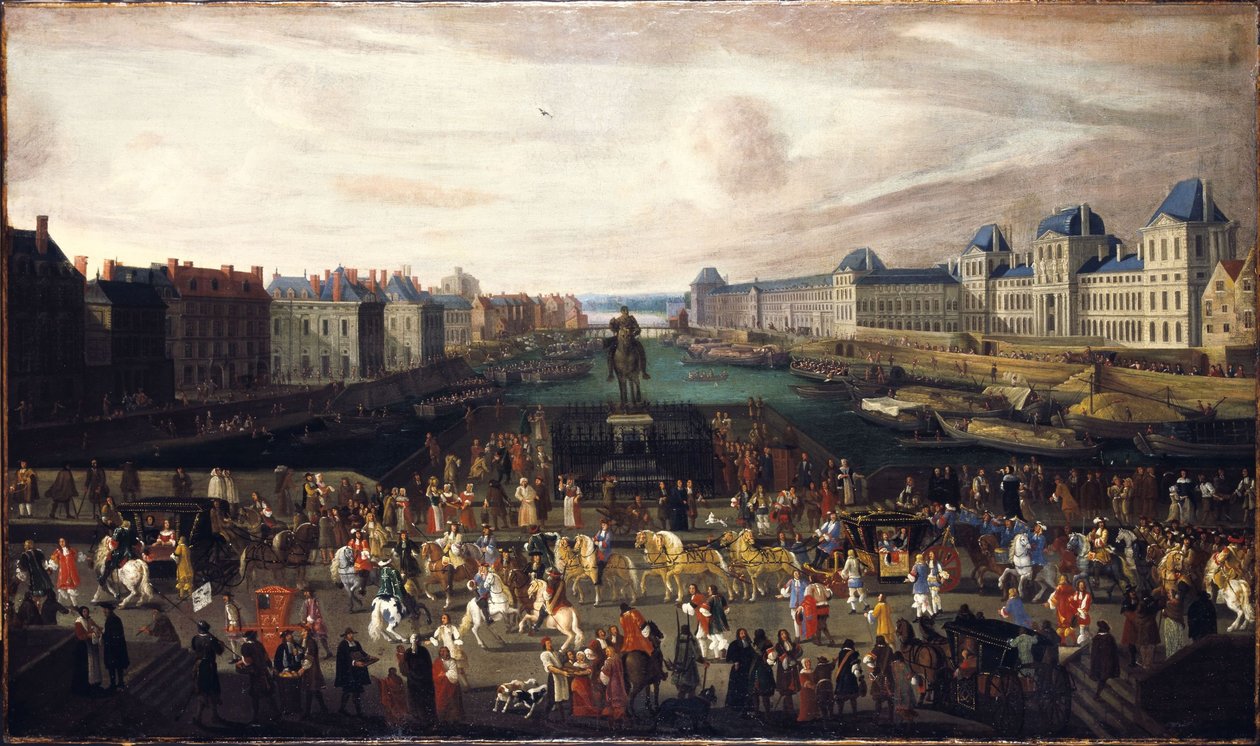 Pont-Neuf, set fra indgangen til Place Dauphine, Quai Malaquais med Collège des Quatre-Nations under opførelse, Grande Galerie og Louvre, ca. 1665. Passage af et optog på broen, mellem 1665 og 1669 (olie på lærred) af Unknown artist