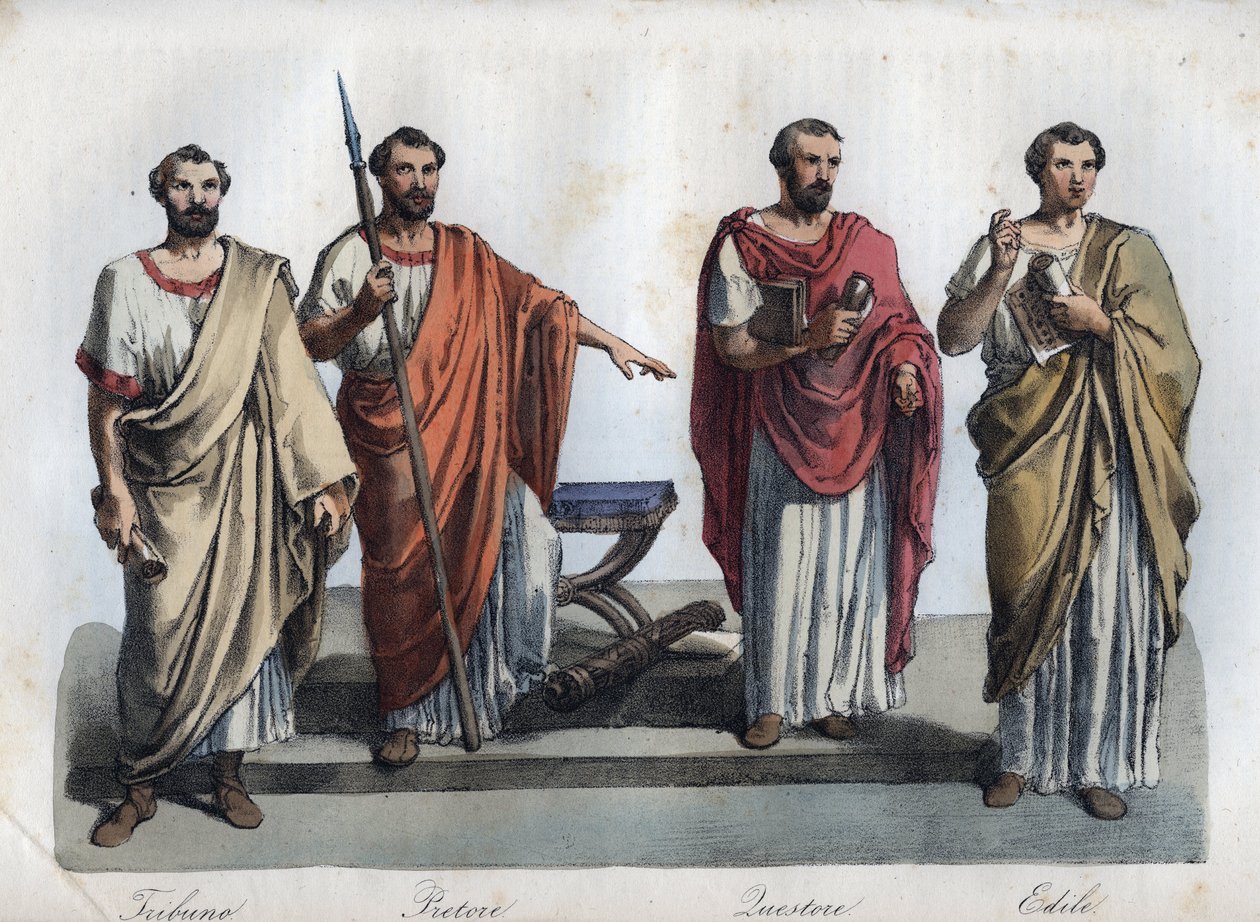 magistrater i det antikke Rom - Tribunus (Tribune) - praetor (Preteur) (magistrat) - Quaestores (kvæstorer) - aediles (ediles) gravering fra "" Anvendelser og skikke for alle mennesker i universet. Eller Historien om regeringen, lovene, militsen, kongens af Unknown artist