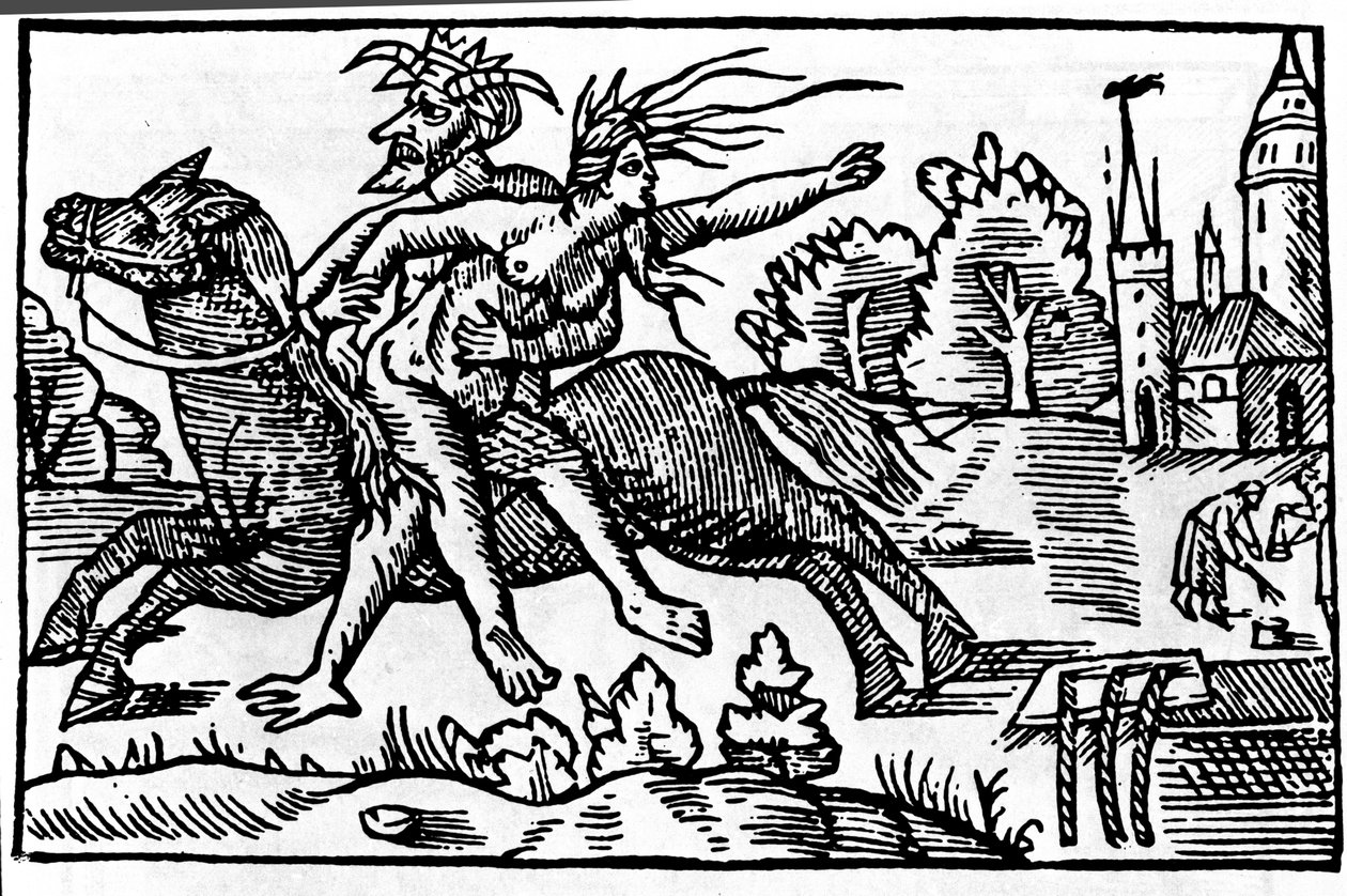 djævelen tager en heks fra en hest og tager hende til helvede. Xylografi af det 16. århundrede af Unknown artist
