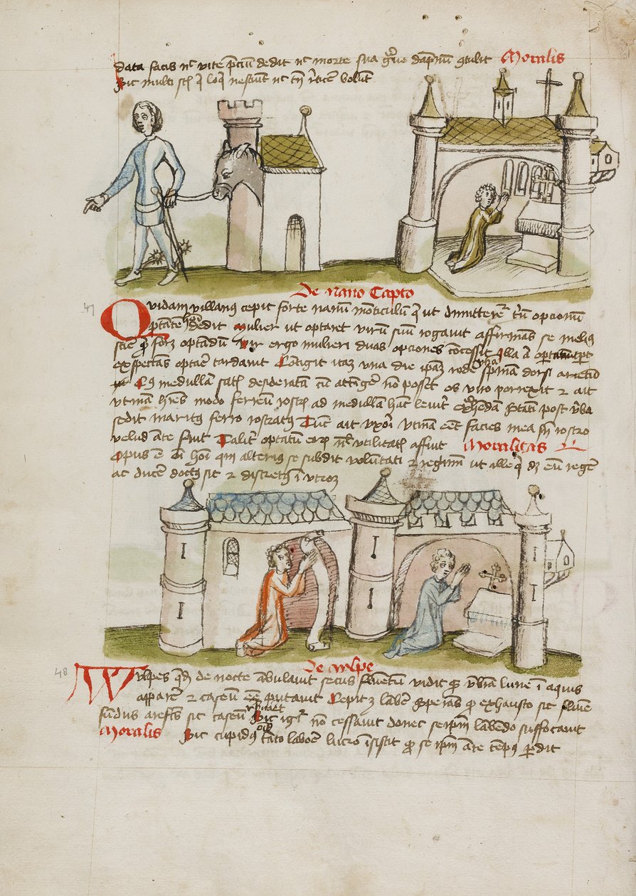 En mand med sværd og sporer fører et æsel ud af sit hus, mens en mand beder i en nærliggende kirke; to mennesker beder i en kirke af Unknown artist/maker