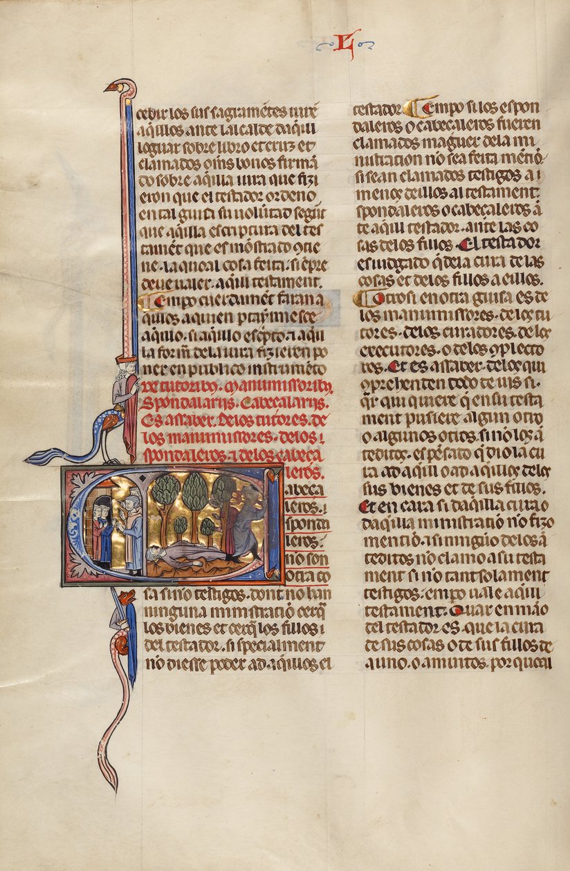 Initial C: To mænd taler til to unge, og en mand ligger på jorden, mens en anden mand går væk med en høtyv. af Unknown artist/maker