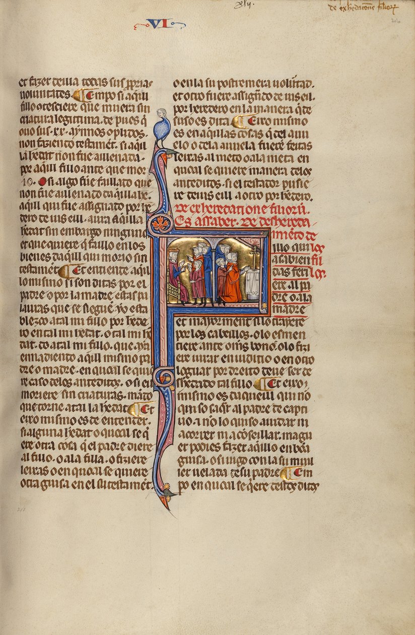Initial F: Tre mænd og et barn foran en dommer og Tre mænd og et barn foran et alter af Unknown artist/maker