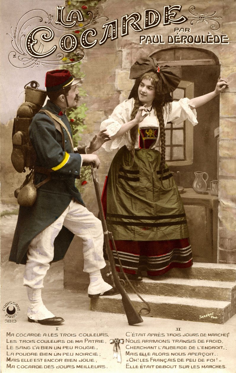 Besættelse af Alsace Lorraine under 1. verdenskrig: Fransk soldat og alsacisk kvinde taler sammen. Postkort fra 1914-1918. af Unknown photographer